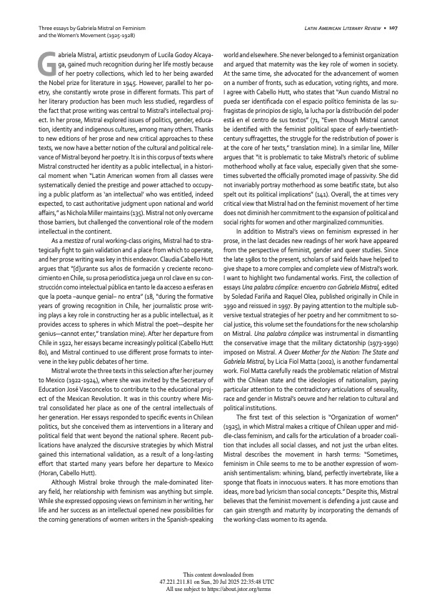 Three essays by Gabriela Mistral on Feminism and the Women’s Movement